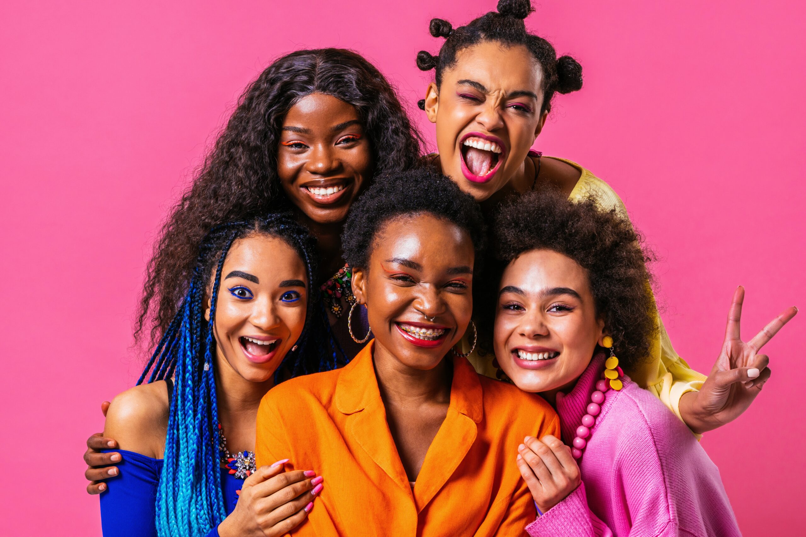 Beauty portrait of beautiful black women wearing colorful stylish clothes